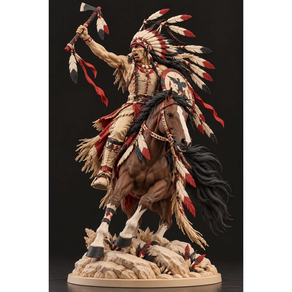 **Native American Warrior on Horse – 4 Color Filament 3D Printed Statue, 10 in
